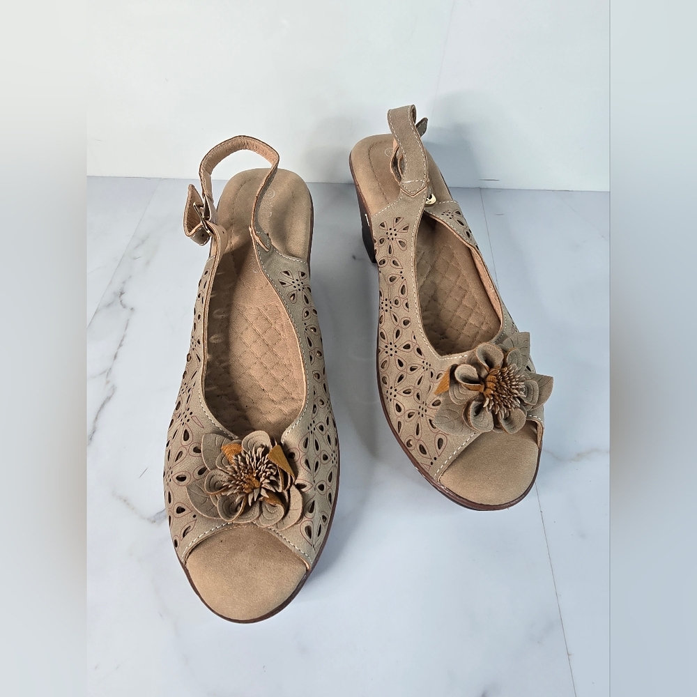 Patrizia by Spring Step, Ollevo Brown, Open Toe Sling Back Heeled Sandal, Sz 42
